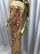 Orange Iridescent, Nude Mesh - 4 Way Stretch Sequin Fabric Spandex Mesh-Prom-Gown By The Yard