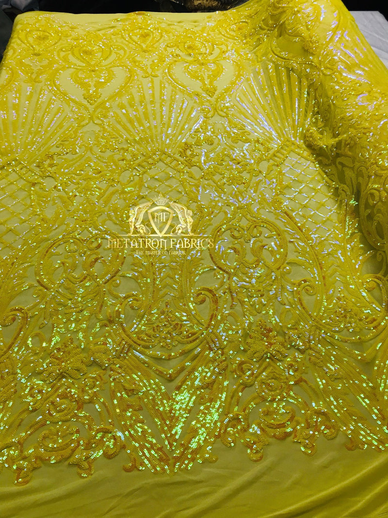 Iridescent Yellow - 4 Way Stretch Sequin Fabric Spandex Mesh-Prom-Gown By The Yard