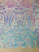 Sold by Half a Yard Iridescent aqua, Nude Mesh - 4 Way Stretch Sequin Fabric Spandex Mesh-Prom-Gown