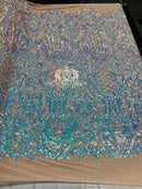 Iridescent aqua, Nude Mesh - 4 Way Stretch Sequin Fabric Spandex Mesh-Prom-Gown By The Yard