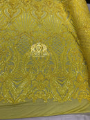 Yellow Sequin Damask Design - 4 Way Stretch Sequin Fabric Spandex Mesh-Prom-Gown By The Yard