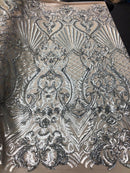 Matte Silver Sequin, Nude Mesh Damask Design - 4 Way Stretch Sequin Fabric Spandex Mesh-Prom-Gown By The Yard
