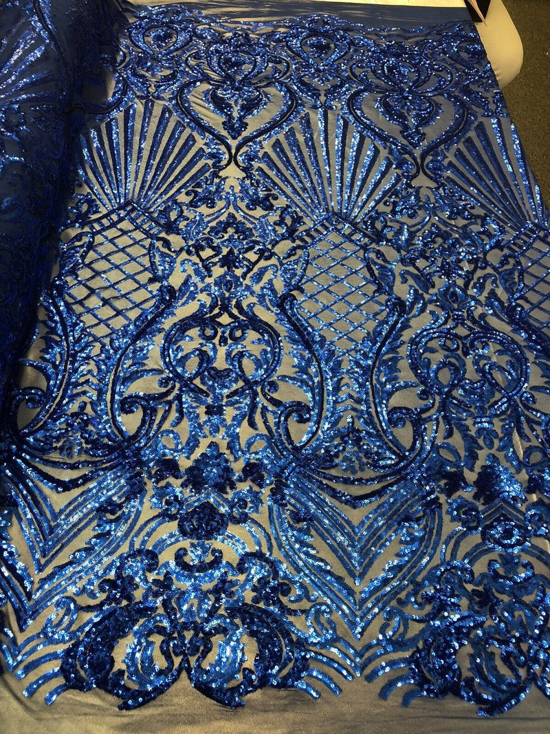 Royal Blue Sequin, Damask Design - 4 Way Stretch Sequin Fabric Spandex Mesh-Prom-Gown By The Yard