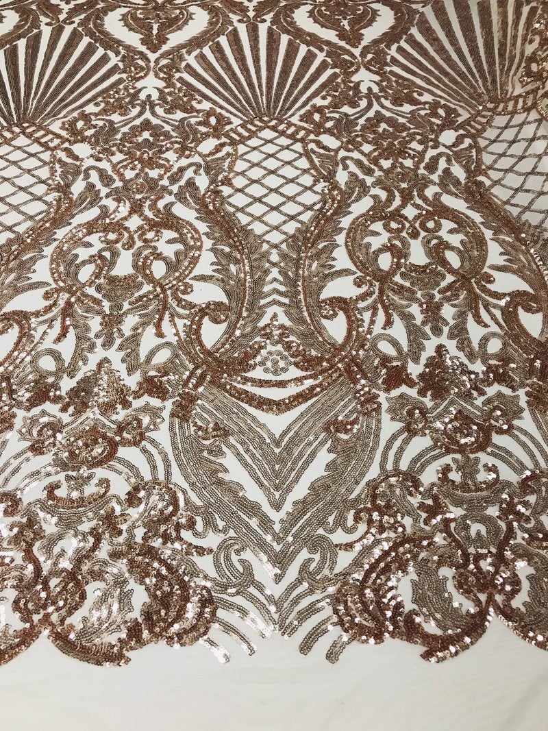 Rose Gold Sequin, Damask Design - 4 Way Stretch Sequin Fabric Spandex Mesh-Prom-Gown By The Yard