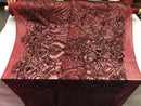 Burgundy Sequin, Damask Design - 4 Way Stretch Sequin Fabric Spandex Mesh-Prom-Gown By The Yard