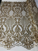 Gold Sequin Damask Design - 4 Way Stretch Sequin Fabric Spandex Mesh-Prom-Gown By The Yard