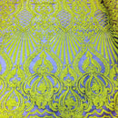 Yellow Sequin, Nude Mesh Damask Design - 4 Way Stretch Sequin Fabric Spandex Mesh-Prom-Gown By The Yard