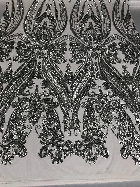 Damask Sequins - Silver - Damask Sequin Design on 4 Way Stretch Fabric By Yard