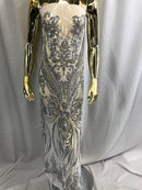 Damask Sequins - Silver - Damask Sequin Design on 4 Way Stretch Fabric By Yard