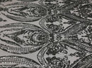 Damask Sequins - Silver - Damask Sequin Design on 4 Way Stretch Fabric By Yard