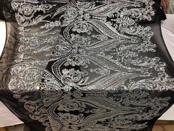 Silver Sequin, Black Mesh Damask Design - 4 Way Stretch Sequin Fabric Spandex Mesh-Prom-Gown By The Yard