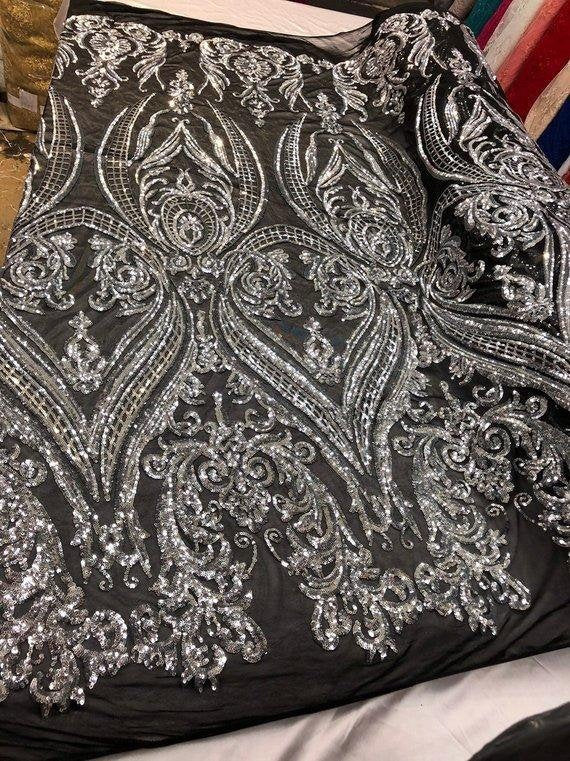 Silver Sequin, Black Mesh Damask Design - 4 Way Stretch Sequin Fabric Spandex Mesh-Prom-Gown By The Yard