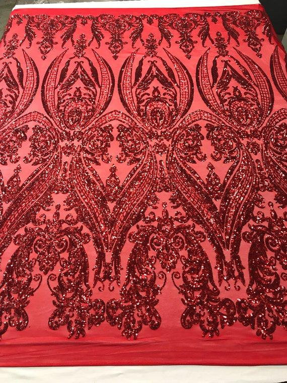 Damask Sequins - Red - Damask Sequin Design on 4 Way Stretch Fabric By Yard