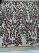 Khaki Sequin Damask Design - 4 Way Stretch Sequin Fabric Spandex Mesh-Prom-Gown By The Yard