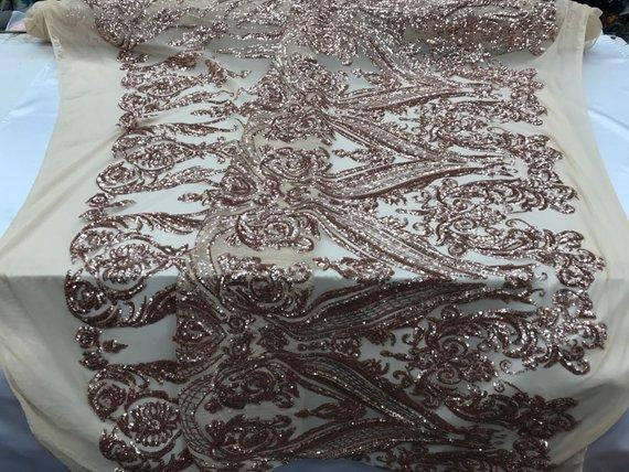 Khaki Sequin Damask Design - 4 Way Stretch Sequin Fabric Spandex Mesh-Prom-Gown By The Yard