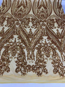 Gold Sequin Damask Design - 4 Way Stretch Sequin Fabric Spandex Mesh-Prom-Gown By The Yard