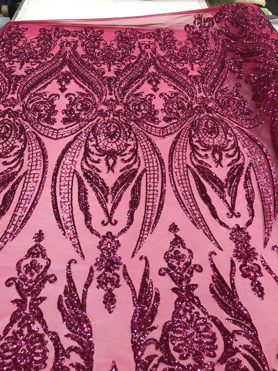 Fuchsia Sequin Damask Design - 4 Way Stretch Sequin Fabric Spandex Mesh-Prom-Gown By The Yard