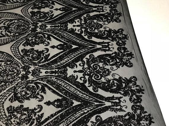 Damask Sequins - Black - Damask Sequin Design on 4 Way Stretch Fabric By Yard
