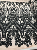 Black Sequin, Nude Mesh Damask Design - 4 Way Stretch Sequin Fabric Spandex Mesh-Prom-Gown By The Yard