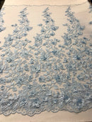 Baby Blue 3D Floral Design Embroider and Beaded With Pearls On a Mesh Lace-Prom-Dresses-Nightgown-Apparel-Fashion By The Yard