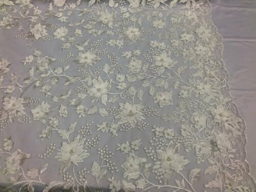 Ivory 3D Floral Design Embroider and Beaded With Pearls On a Mesh Lace-Prom-Dresses-Nightgown-Apparel-Fashion By The Yard