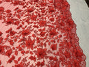 Red 3D Floral Design Embroider and Beaded With Pearls On a Mesh Lace-Prom-Dresses-Nightgown-Apparel-Fashion By The Yard
