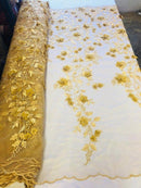 Gold 3D Floral Design Embroider and Beaded With Pearls On a Mesh Lace-Prom-Dresses-Nightgown-Apparel-Fashion By The Yard