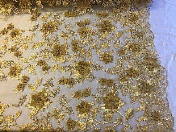 Gold 3D Floral Design Embroider and Beaded With Pearls On a Mesh Lace-Prom-Dresses-Nightgown-Apparel-Fashion By The Yard
