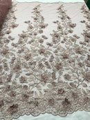 Dusty Rose 3D Floral Design Embroider and Beaded With Pearls On a Mesh Lace-Prom-Dresses-Nightgown-Apparel-Fashion By The Yard