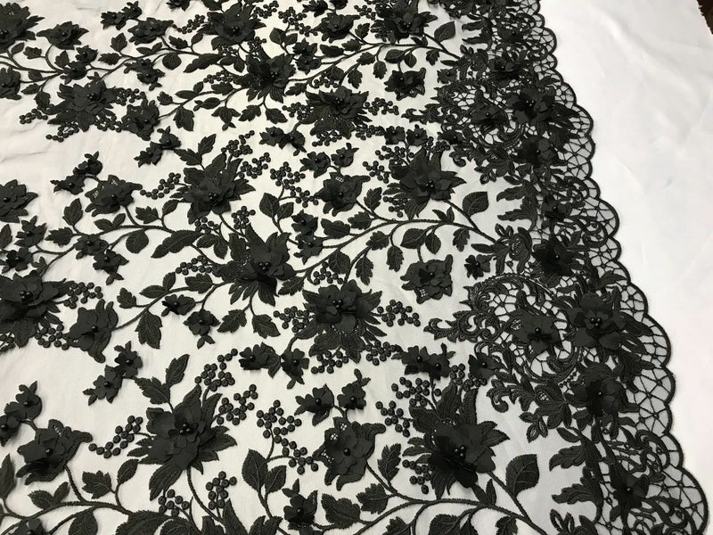 Black 3D Floral Design Embroider and Beaded With Pearls On a Mesh Lace-Prom-Dresses-Nightgown-Apparel-Fashion By The Yard
