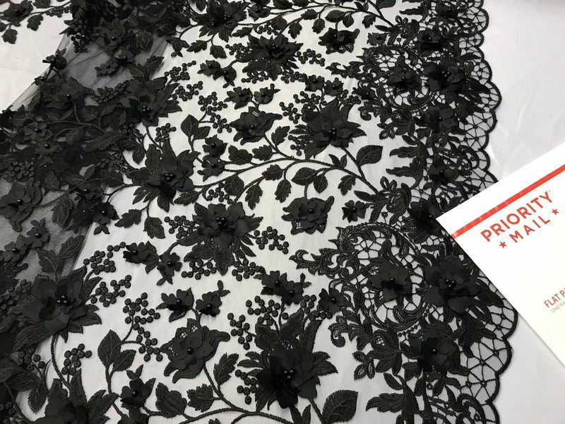 Black 3D Floral Design Embroider and Beaded With Pearls On a Mesh Lace-Prom-Dresses-Nightgown-Apparel-Fashion By The Yard