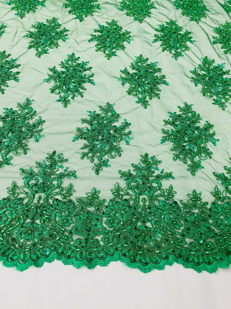 Floral Cluster Bead Fabric Emerald Green - Embroidered Flower Beaded Fabric Wedding Bridal Sold By Yard