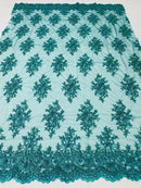 Teal Blue Floral Cluster Bead Fabric - Embroidered Flower Beaded Fabric Wedding Bridal Sold By Yard