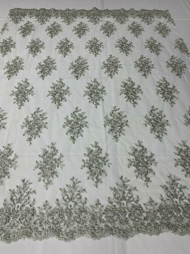 Silver /White Mesh Floral Cluster Bead Fabric - Embroidered Flower Beaded Fabric Wedding Bridal Sold By Yard