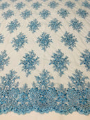Baby Blue Floral Cluster Bead Fabric - Embroidered Flower Beaded Fabric Wedding Bridal Sold By Yard