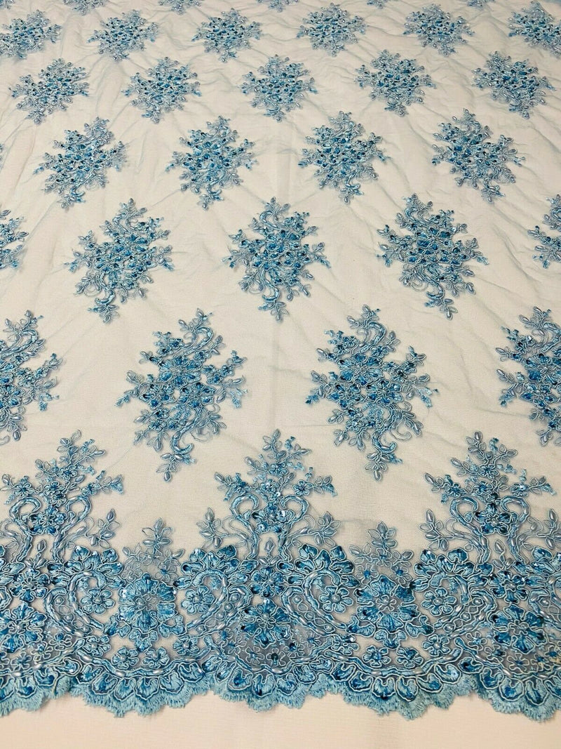 Baby Blue Floral Cluster Bead Fabric - Embroidered Flower Beaded Fabric Wedding Bridal Sold By Yard