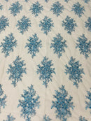 Baby Blue Floral Cluster Bead Fabric - Embroidered Flower Beaded Fabric Wedding Bridal Sold By Yard