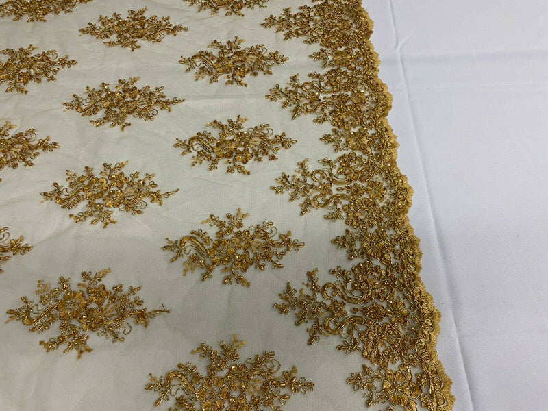 Gold Mestallic Floral Cluster Bead Fabric - Embroidered Flower Beaded Fabric Wedding Bridal Sold By Yard