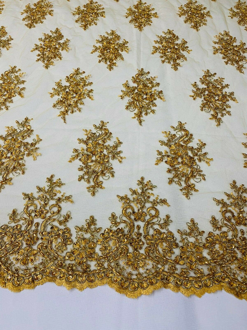 Gold Mestallic Floral Cluster Bead Fabric - Embroidered Flower Beaded Fabric Wedding Bridal Sold By Yard