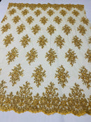 Gold Mestallic Floral Cluster Bead Fabric - Embroidered Flower Beaded Fabric Wedding Bridal Sold By Yard