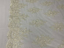 Ivory Floral Cluster Bead Fabric - Embroidered Flower Beaded Fabric Wedding Bridal Sold By Yard