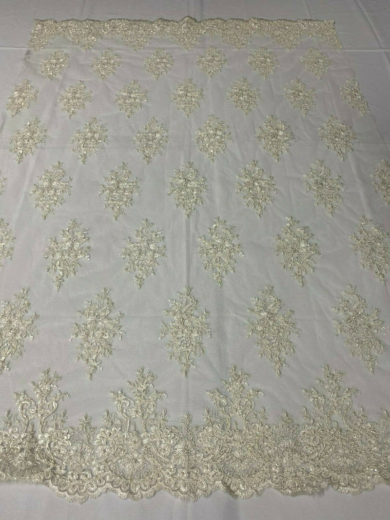 Ivory Floral Cluster Bead Fabric - Embroidered Flower Beaded Fabric Wedding Bridal Sold By Yard