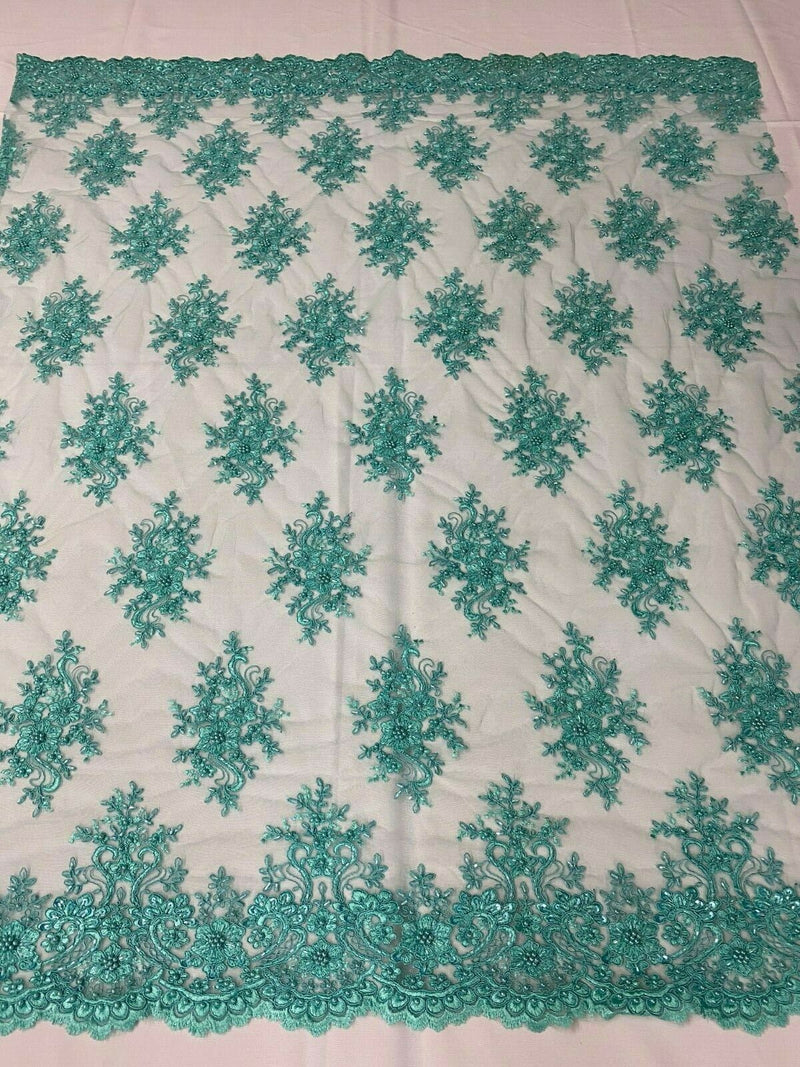 Turquoise Cluster Bead Fabric - Embroidered Flower Beaded Fabric Wedding Bridal Sold By Yard