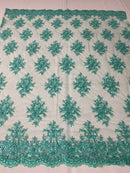 Turquoise Cluster Bead Fabric - Embroidered Flower Beaded Fabric Wedding Bridal Sold By Yard