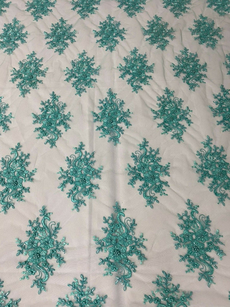 Turquoise Cluster Bead Fabric - Embroidered Flower Beaded Fabric Wedding Bridal Sold By Yard