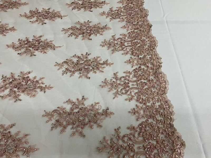 Blush Cluster Bead Fabric - Embroidered Flower Beaded Fabric Wedding Bridal Sold By Yard