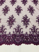 Plum Cluster Bead Fabric - Embroidered Flower Beaded Fabric Wedding Bridal Sold By Yard