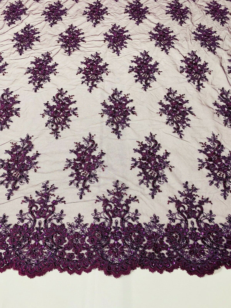 Plum Cluster Bead Fabric - Embroidered Flower Beaded Fabric Wedding Bridal Sold By Yard