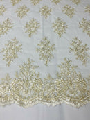 Ivory / Metallic Cluster Bead Fabric - Embroidered Flower Beaded Fabric Wedding Bridal Sold By Yard