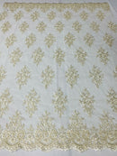 Ivory / Metallic Cluster Bead Fabric - Embroidered Flower Beaded Fabric Wedding Bridal Sold By Yard
